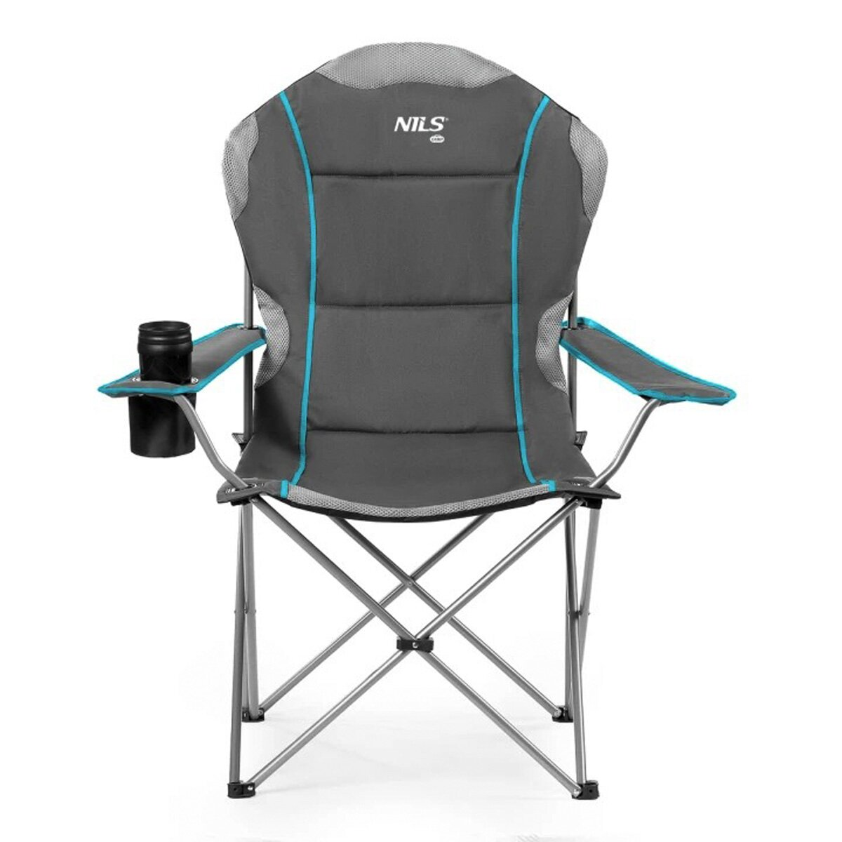 Ein grauer Campingstuhl mit blauen Akzenten und einem Getränkehalter. Der Stuhl hat eine Netzlehne und einen gepolsterten Sitz. Das Gestell ist silber.