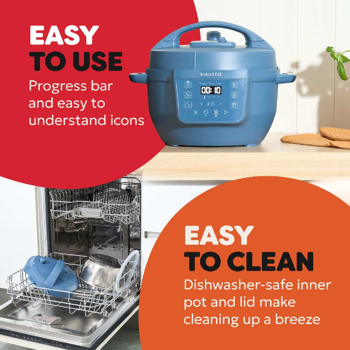 Niebieski Instant Pot na jasnej powierzchni z tekstem. Zmywarka w lewym dolnym rogu z tekstem 'Easy to Clean'.