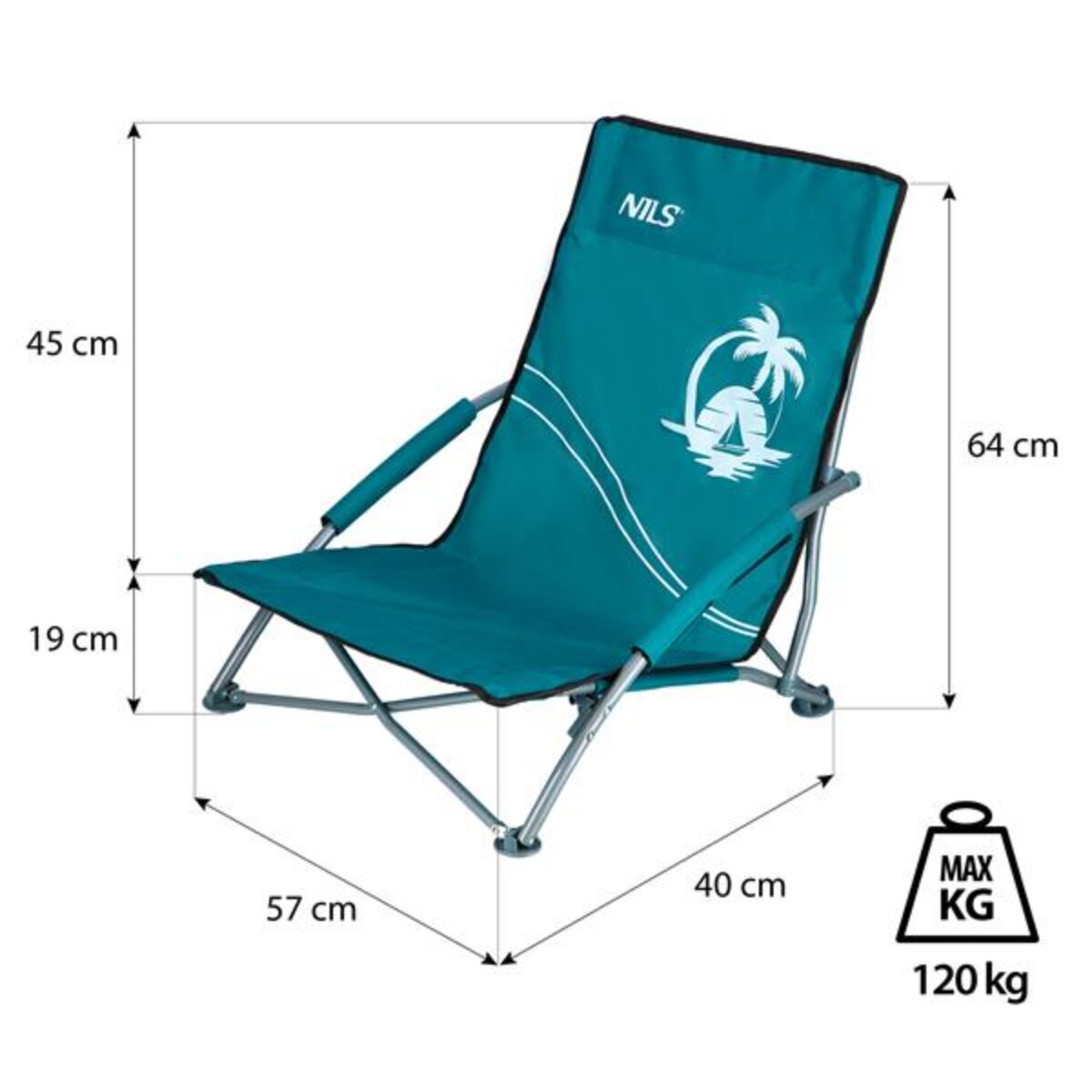 Une chaise de plage turquoise avec des dimensions indiquées. Elle a un logo de palmier et un poids maximum de 120 kg.
