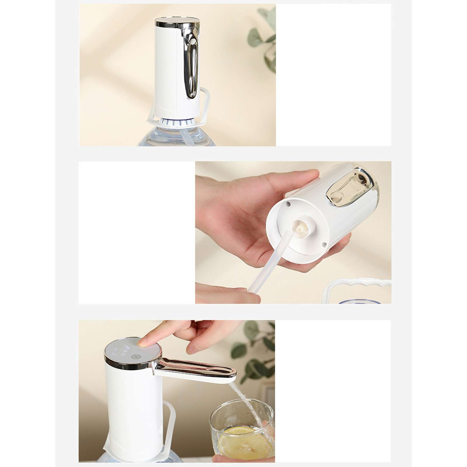Weißer Wasserspender auf einer Wasserflasche. Hand drückt Knopf, Wasser fließt in ein Glas mit Zitrone.