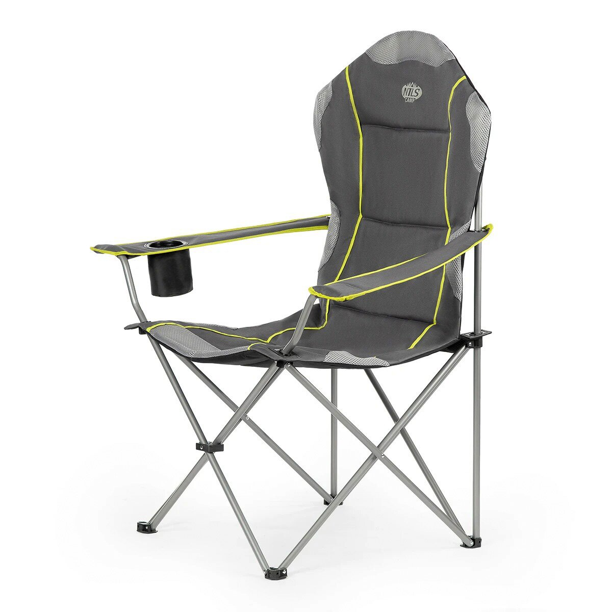 Ein grauer Campingstuhl mit gelben Zierleisten und einem Getränkehalter. Er hat eine hohe Rückenlehne und ein Metallgestell, vor weißem Hintergrund.