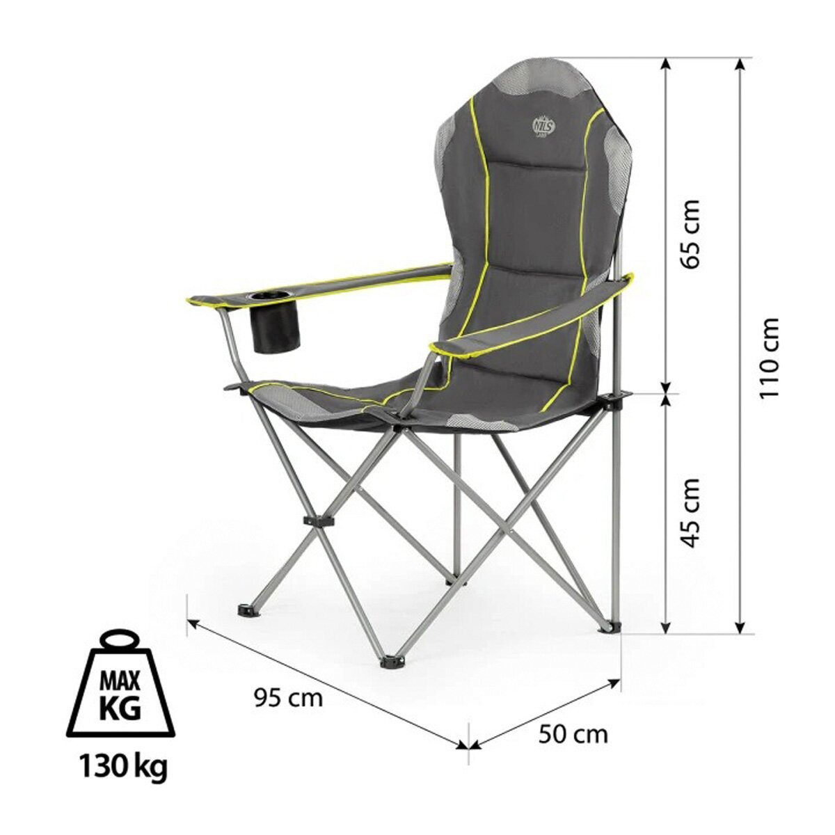 Ein grauer Campingstuhl mit gelben Akzenten und einem Getränkehalter. Abmessungen: 95 cm, 50 cm, 110 cm. Max. Gewicht 130 kg.