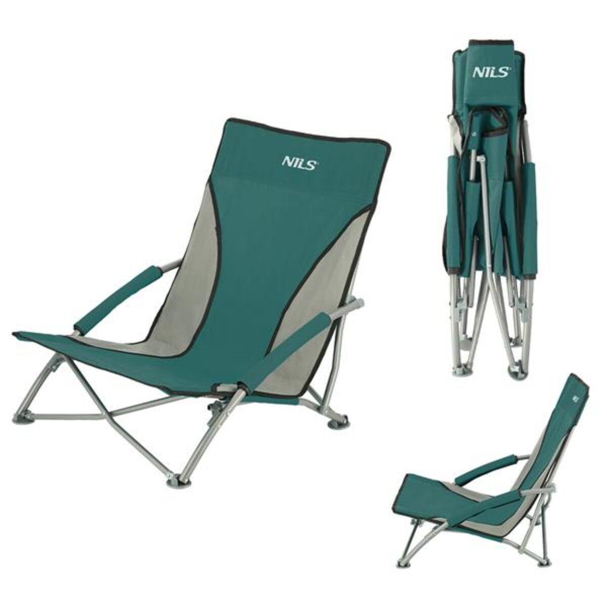 Drei Ansichten eines zusammenklappbaren Strandstuhls in Teal und Grau. Der Stuhl trägt die Aufschrift 'NILS'. Er hat Armlehnen und ein silbernes Gestell.
