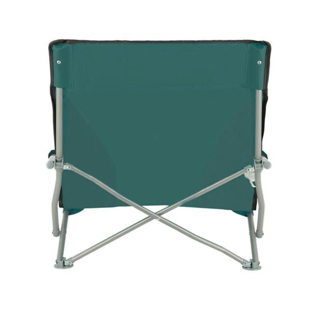 Rückansicht eines tealfarbenen Klappstuhls mit silbernen Beinen. Sitz und Rückenlehne sind teal, mit schwarzem Rand oben.