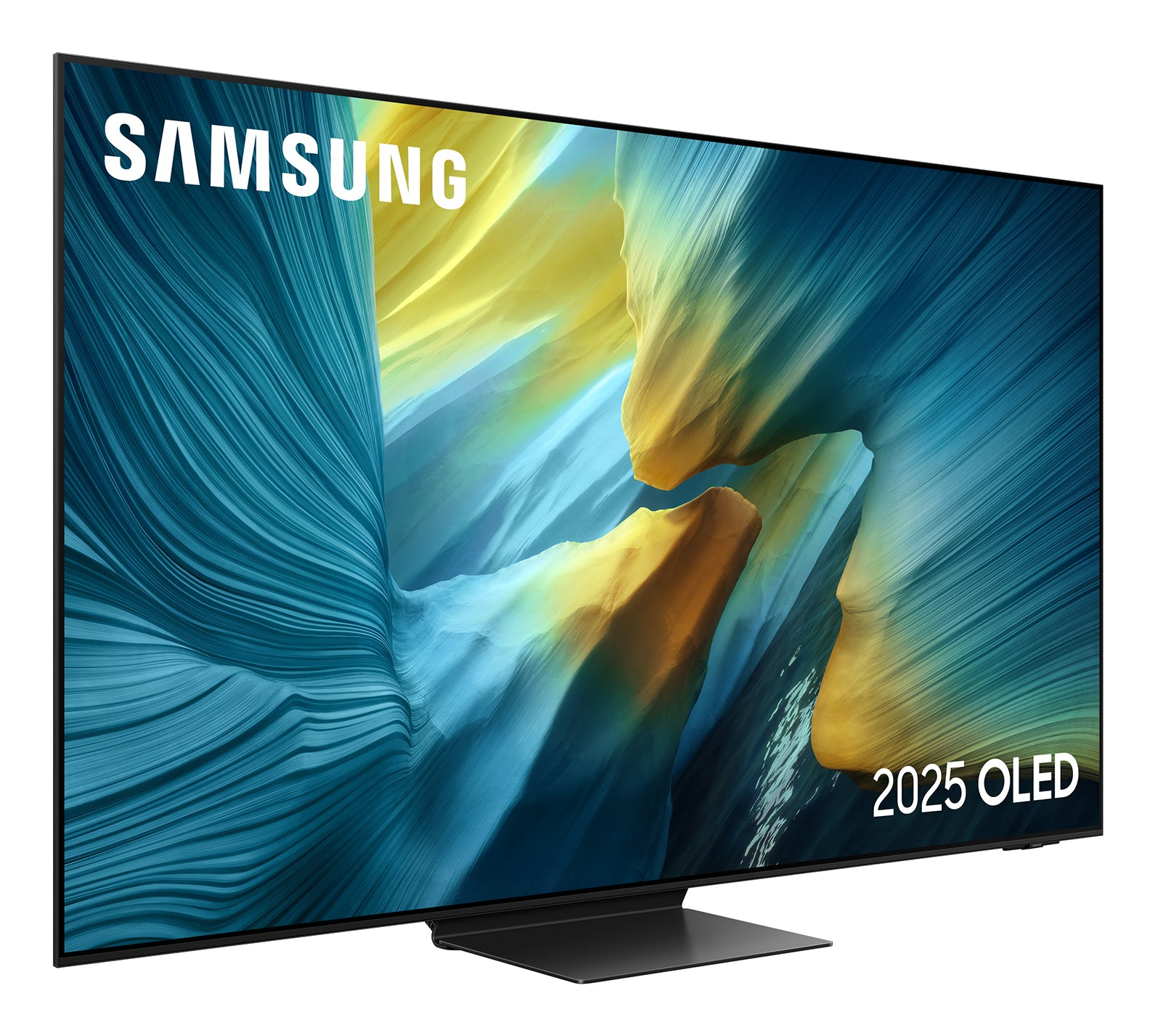 Telewizor Samsung 2025 OLED. Ekran wyświetla abstrakcyjną grafikę w kolorze niebieskim, żółtym i pomarańczowym. TV ma czarną podstawę.