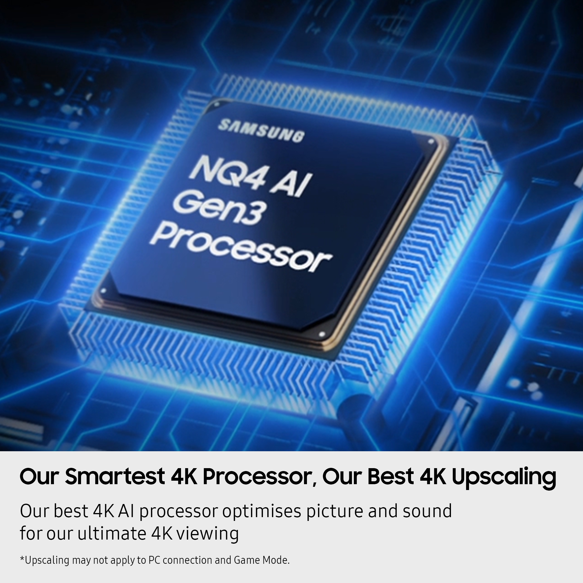 Niebieski procesor z napisem 'NQ4 AI Gen3 Processor' firmy Samsung. Niebieskie linie obwodów go otaczają, poniżej tekst.