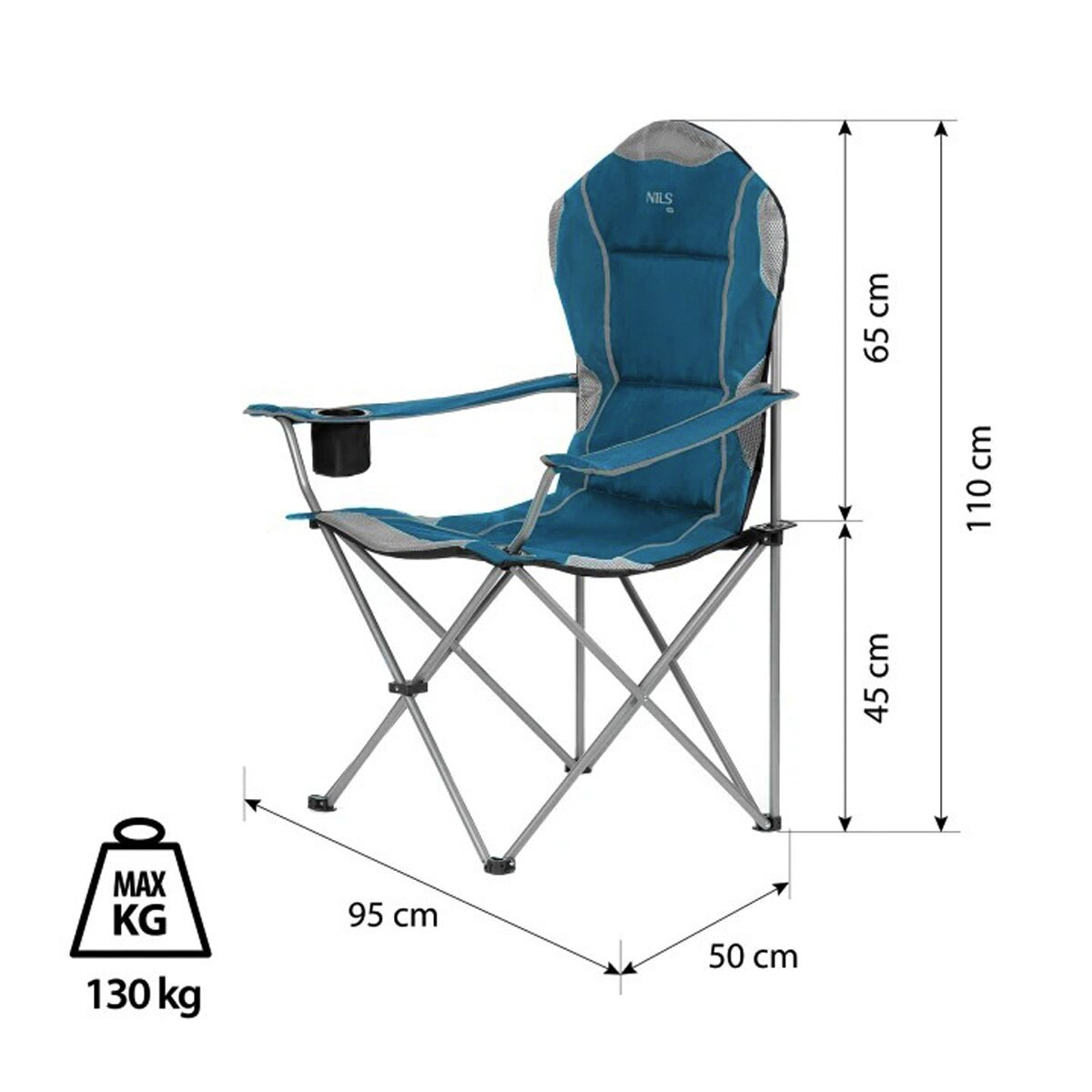 A blue and gray folding chair with a cup holder. Dimensions are shown. Max weight 130 kg.