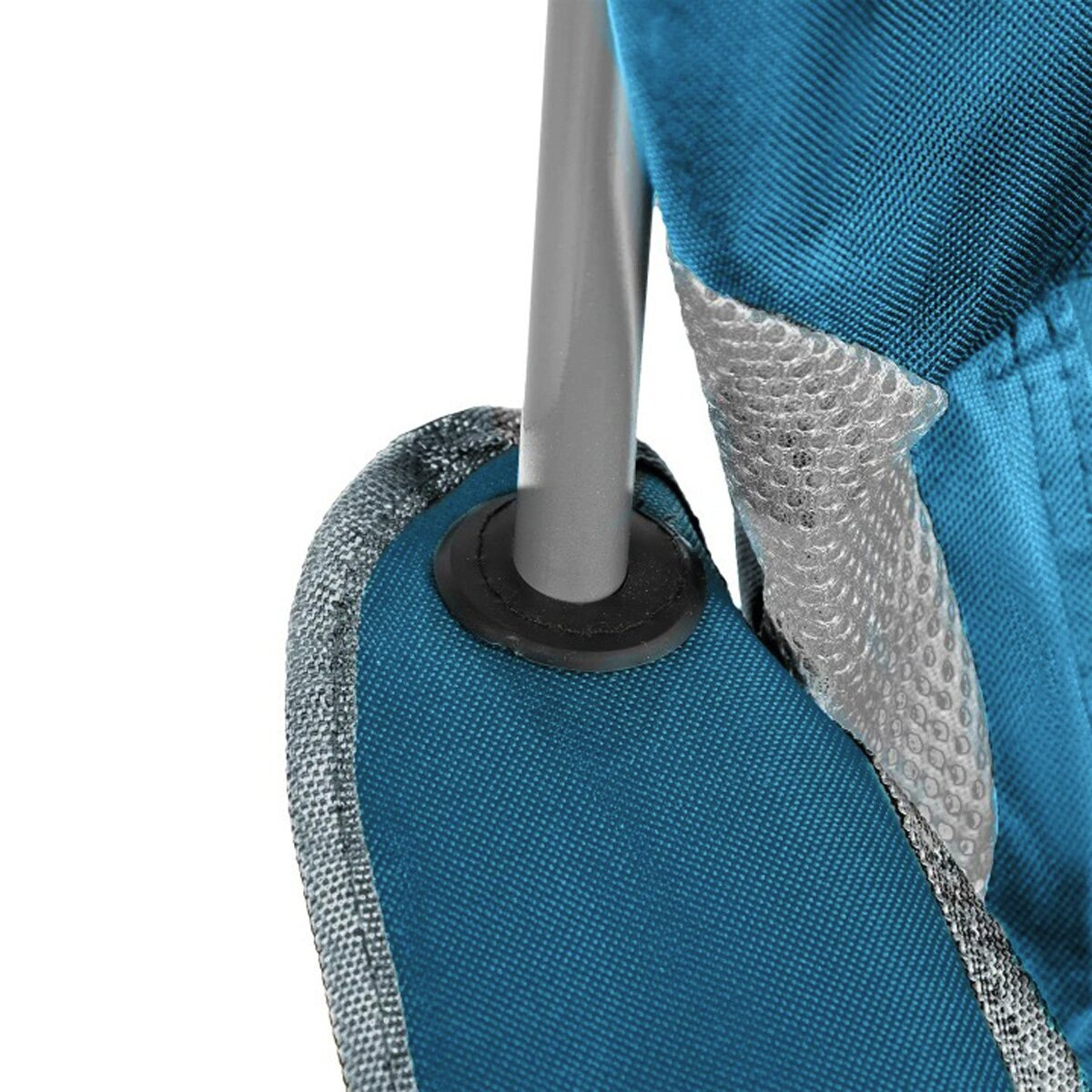 Close-up of a blue camping chair. A grey pole is inserted into the chair fabric. Grey mesh material is visible.