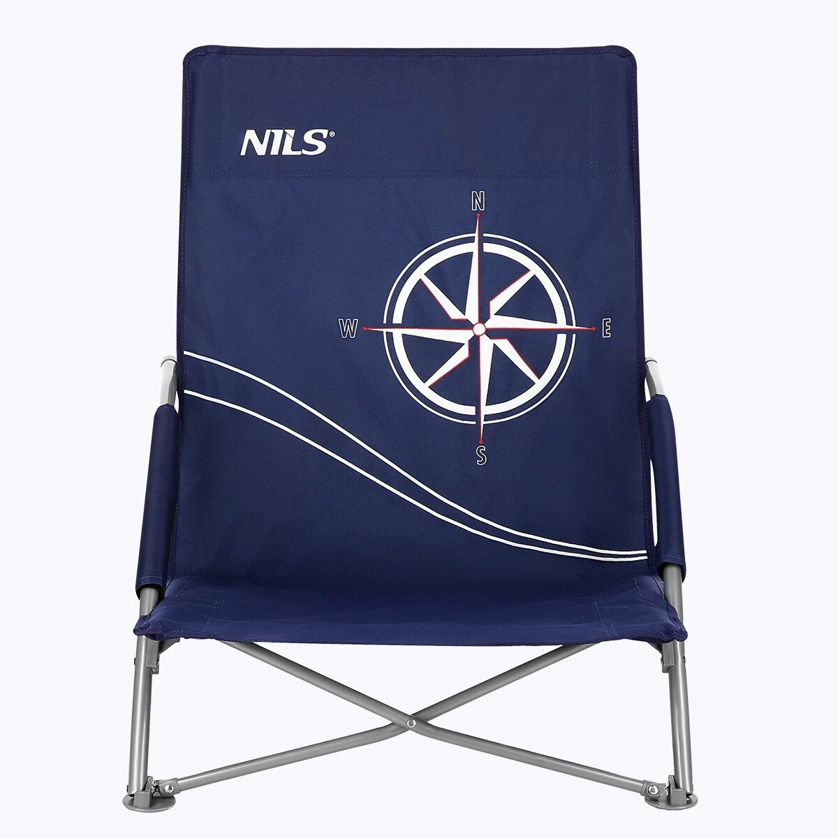 A navy blue beach chair with a compass design. It has silver legs and the brand name 'NILS'.