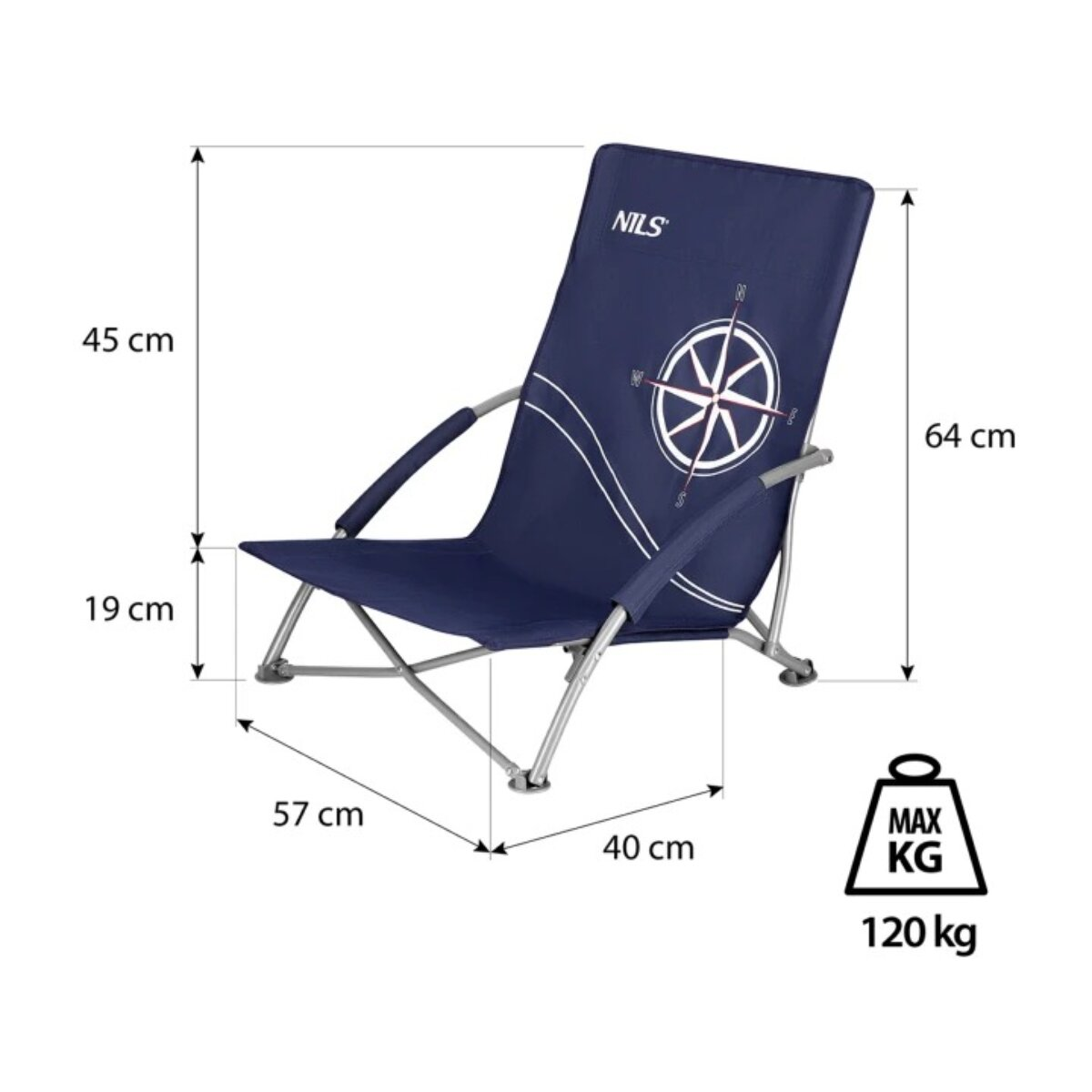 A navy blue beach chair. It has a compass logo and dimensions labeled. Max weight is 120 kg.