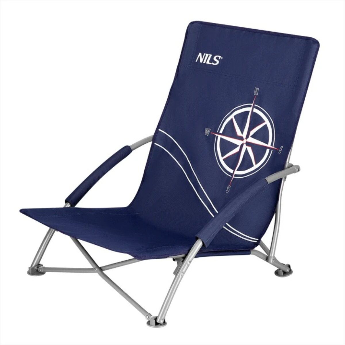 A navy blue beach chair with a compass design. The chair has a metal frame and armrests. The brand 'NILS' is visible.