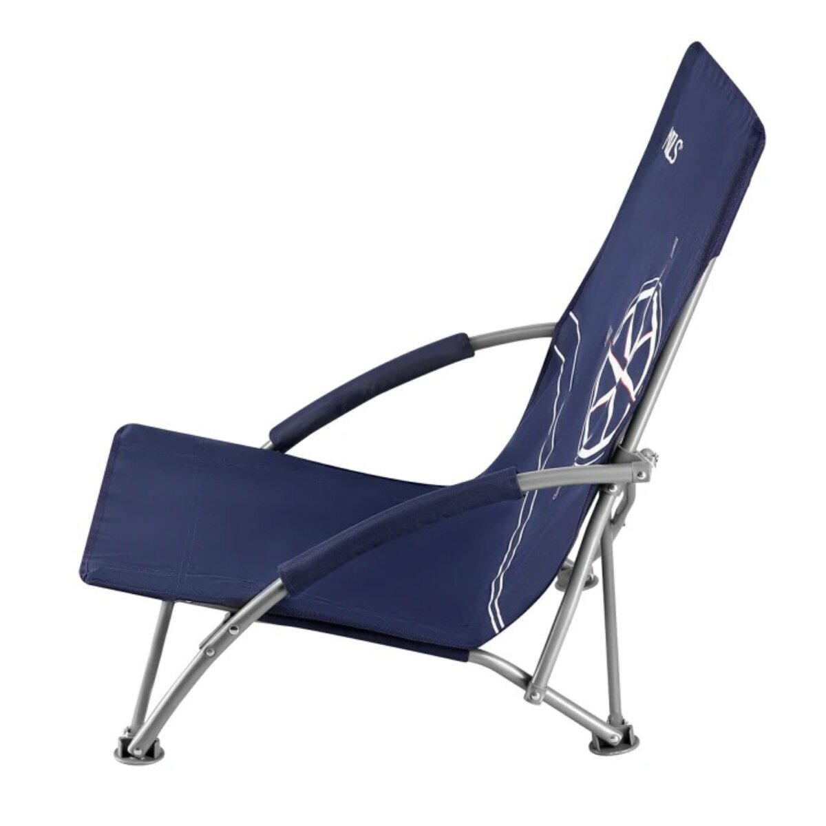 A navy blue folding beach chair with a VW logo on the backrest. The chair has silver metal frame and padded armrests.