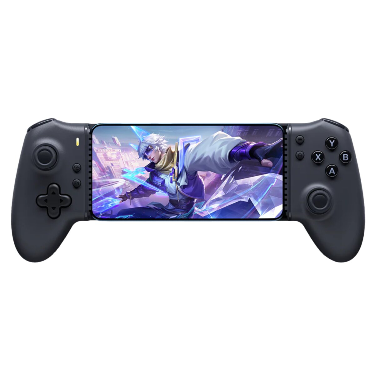 Uno smartphone è tenuto in un gamepad nero. Lo schermo mostra un personaggio fantasy con capelli bianchi ed energia blu.