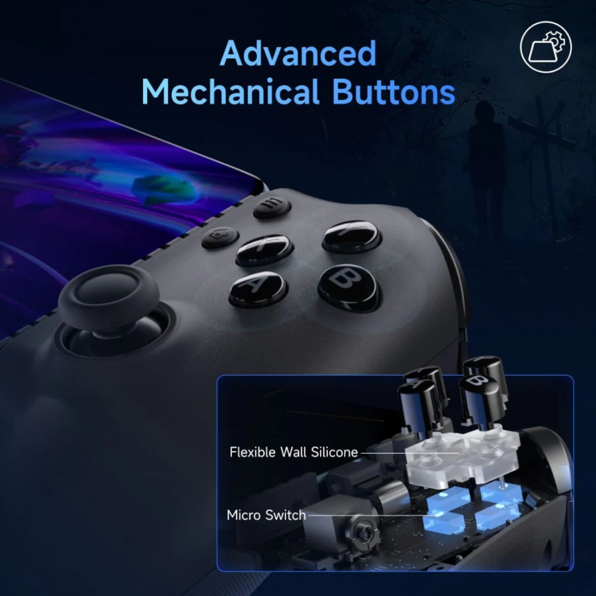 Primo piano di un controller di gioco nero con pulsanti meccanici visibili. Testo: 'Advanced Mechanical Buttons'. Sfondo: figura sfocata.
