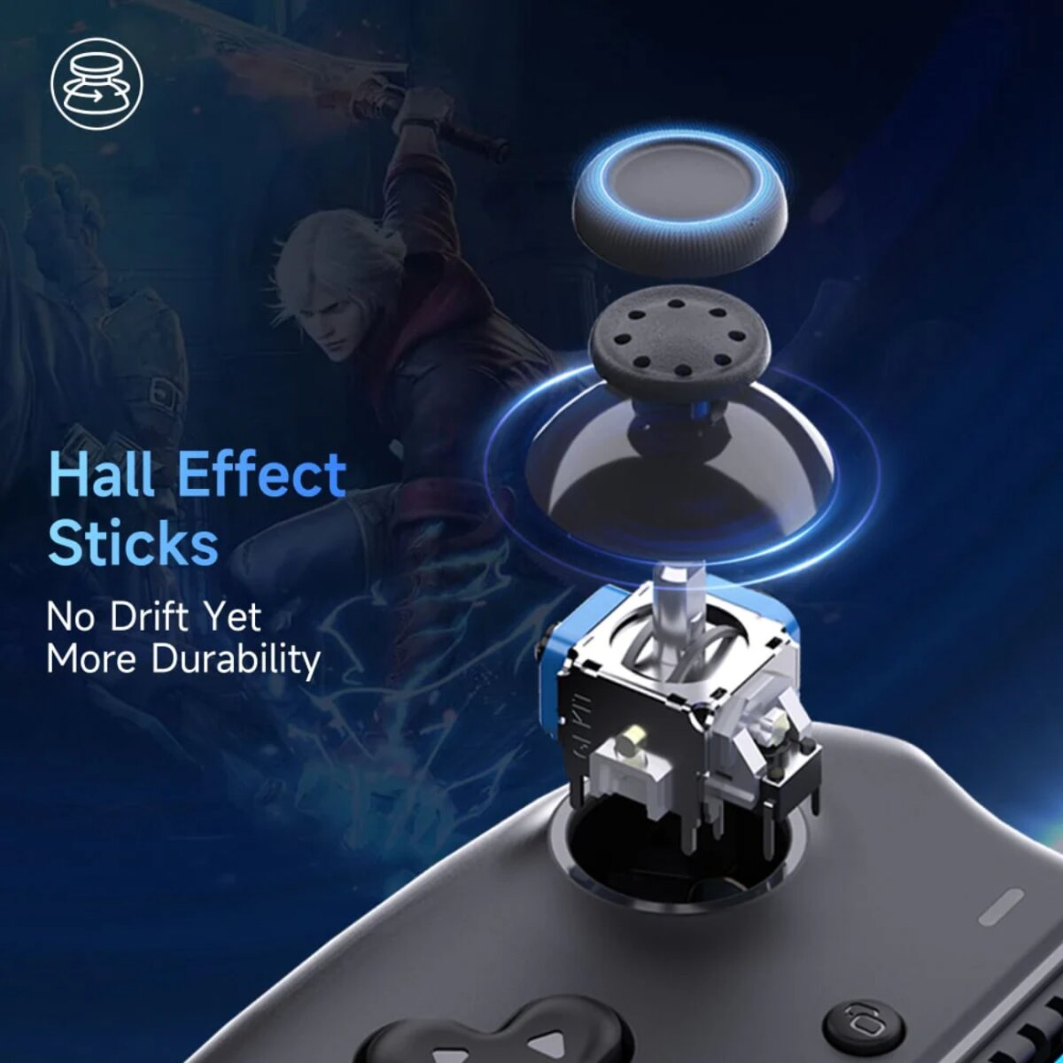 Vista esplosa di un joystick del gamepad. Mostra i componenti dello stick e un cerchio illuminato di blu. Testo: Hall Effect Sticks, No Drift Yet, More Durability.