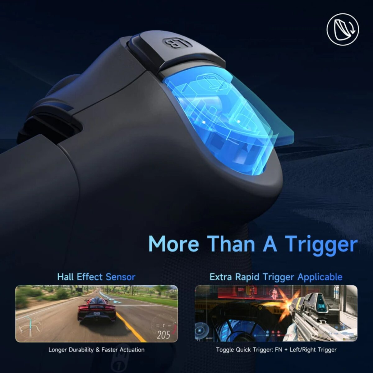 Un controller di gioco nero con dettagli blu, e due immagini più piccole che mostrano il gameplay e funzionalità come un sensore a effetto Hall.
