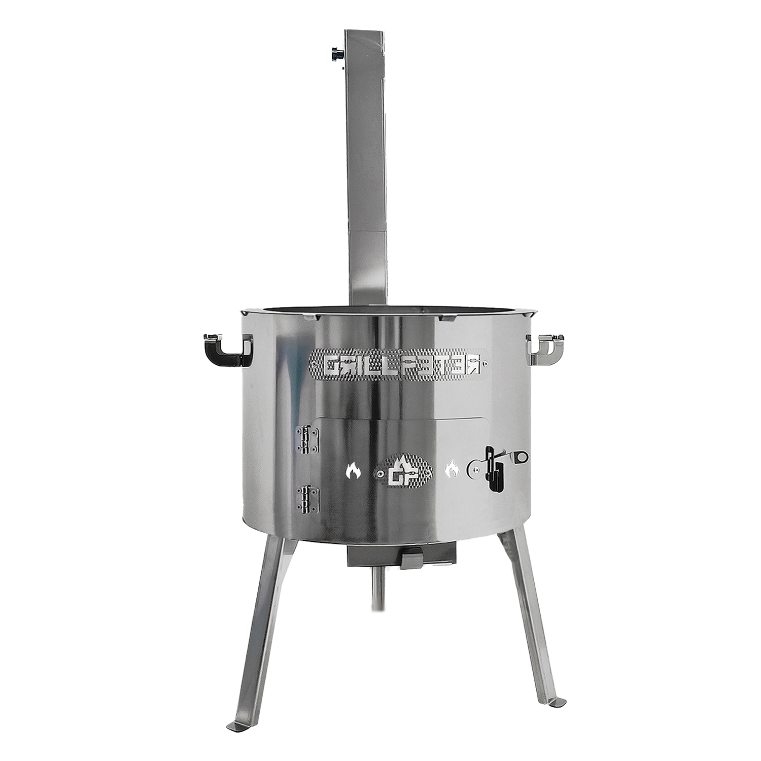 Ein metallischer zylindrischer Außengrill mit Schornstein, drei Beinen und Griffen. Der Grill hat ein Logo und verschiedene Öffnungen und Vorrichtungen.
