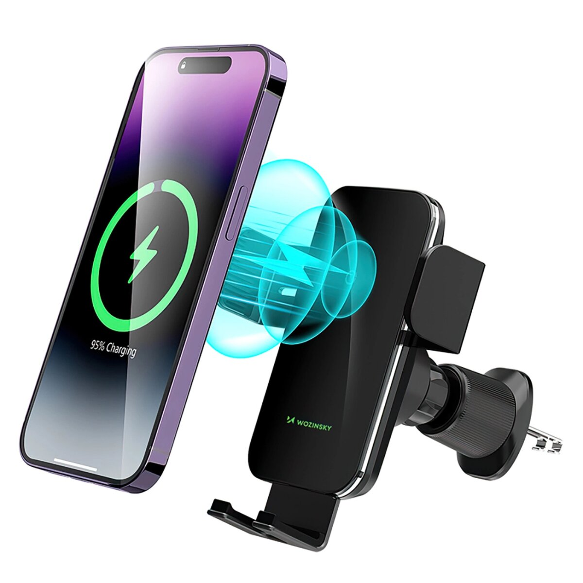Een paarse iPhone die draadloos oplaadt, naast een zwarte autotelefoonhouder. De telefoon toont een oplaadsymbool.