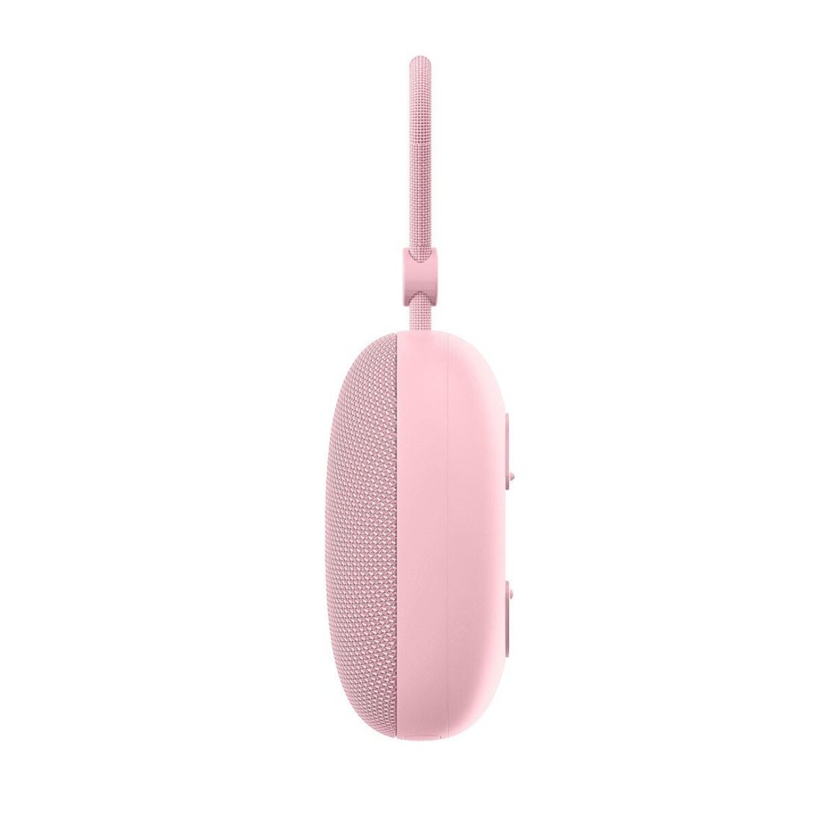 A pink speaker with a strap. The speaker has a mesh grill on one side and buttons on the other. White background.