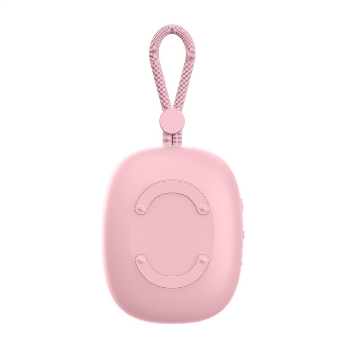A pink, rounded device with a loop handle, likely a speaker. It has two curved details on the front. Isolated on a white background.