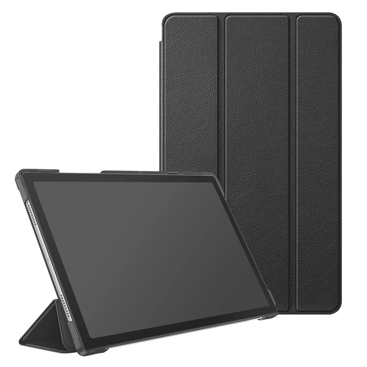 Un tablet in una custodia nera, appoggiato e in piedi su sfondo bianco. Un'altra custodia è dietro.