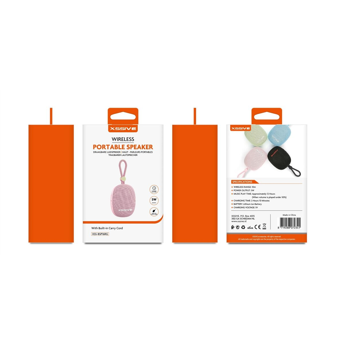 A product box with a wireless portable speaker. The box has specifications and a pink speaker illustration.