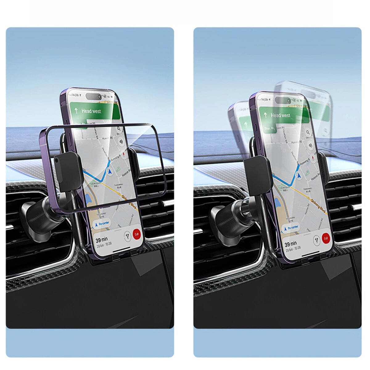 Een telefoon met navigatie is in een auto gemonteerd. Het scherm toont een kaart met routebeschrijvingen. De telefoon zit in een paarse telefoonhouder.