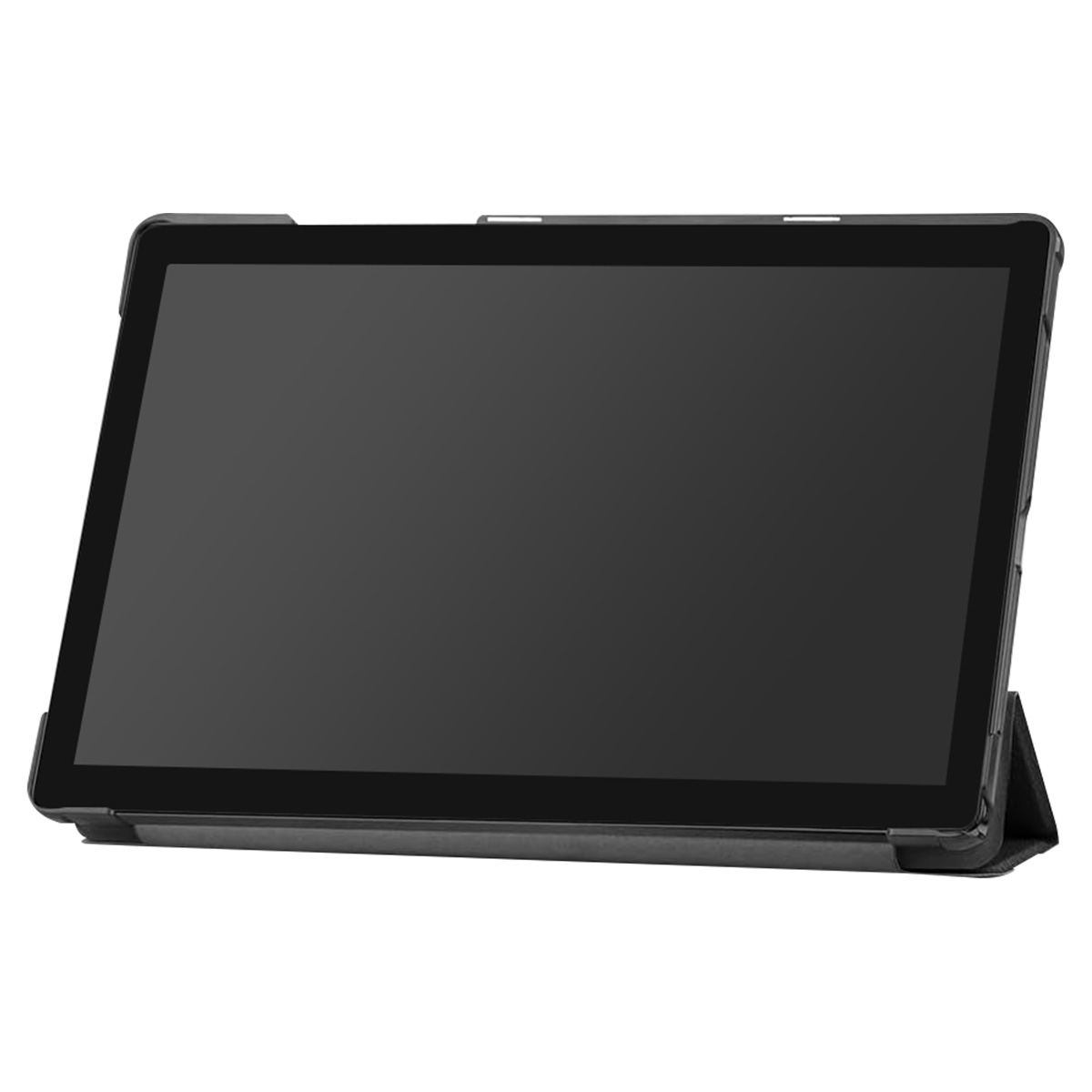 Un tablet nero in una custodia protettiva. Lo schermo è scuro. La custodia ha un supporto.