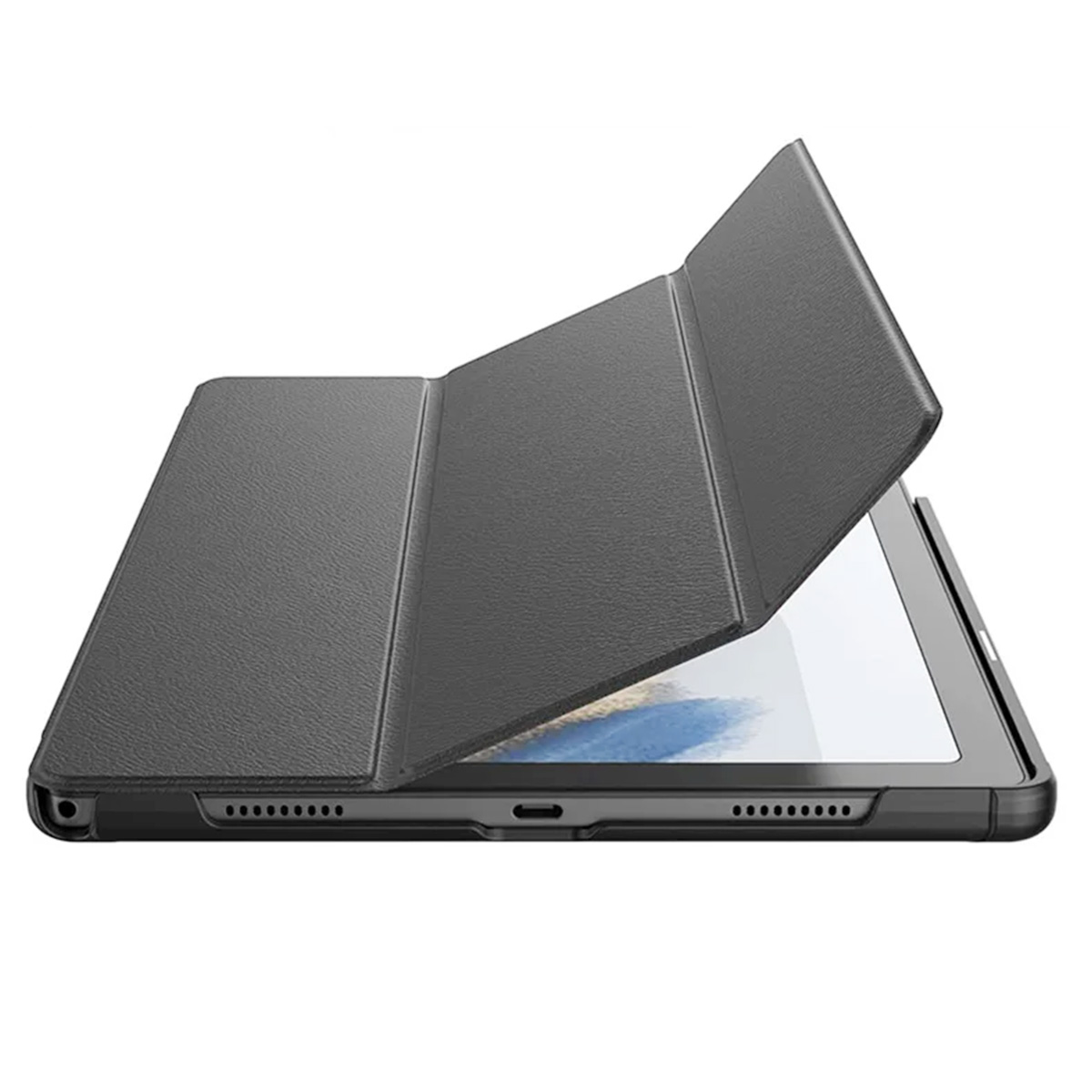 Una custodia per tablet grigio scuro, aperta per rivelare lo schermo del tablet. La custodia è strutturata, con un aspetto simile alla pelle.