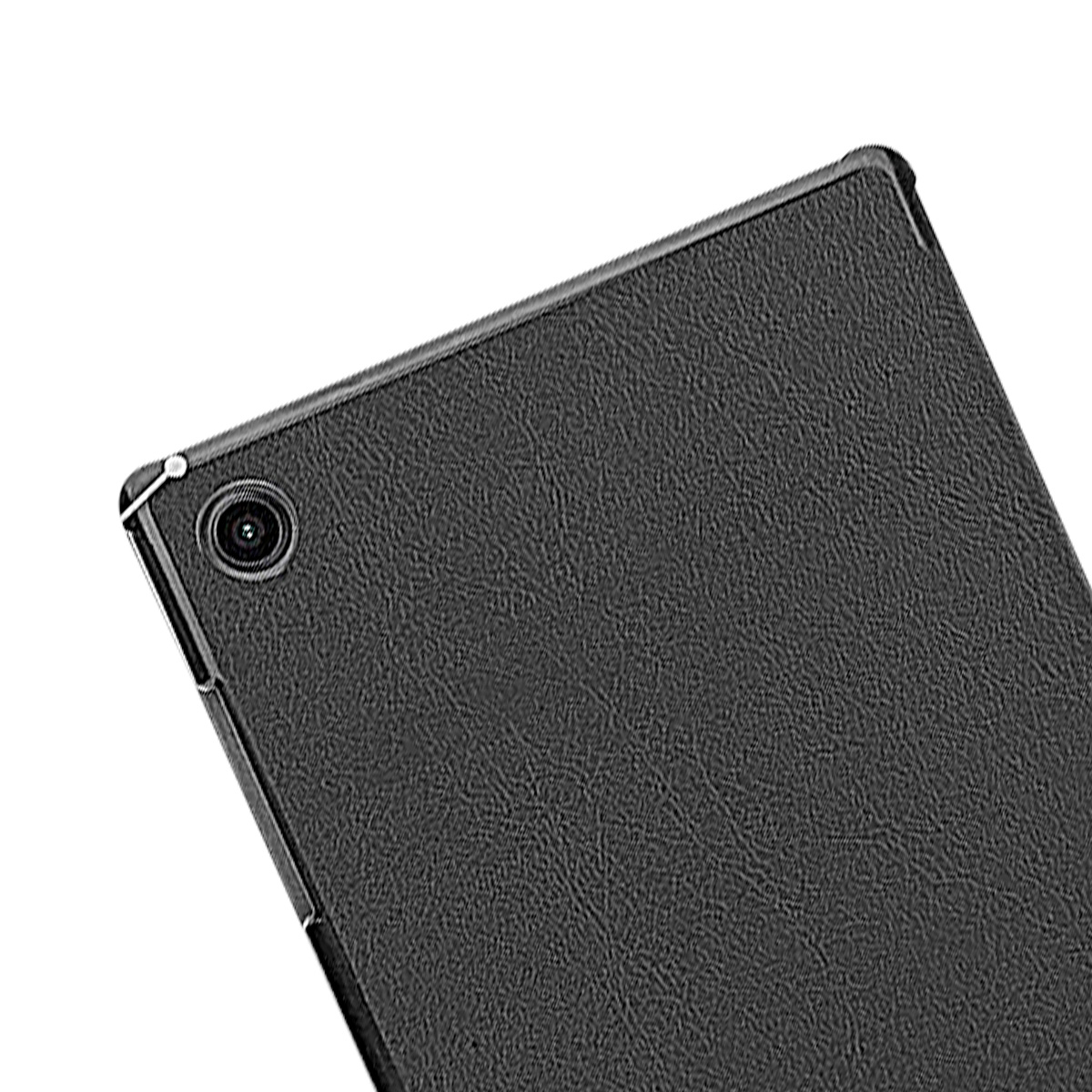 Primo piano di un tablet nero con un obiettivo. Il tablet ha una superficie strutturata. Lo sfondo è bianco.
