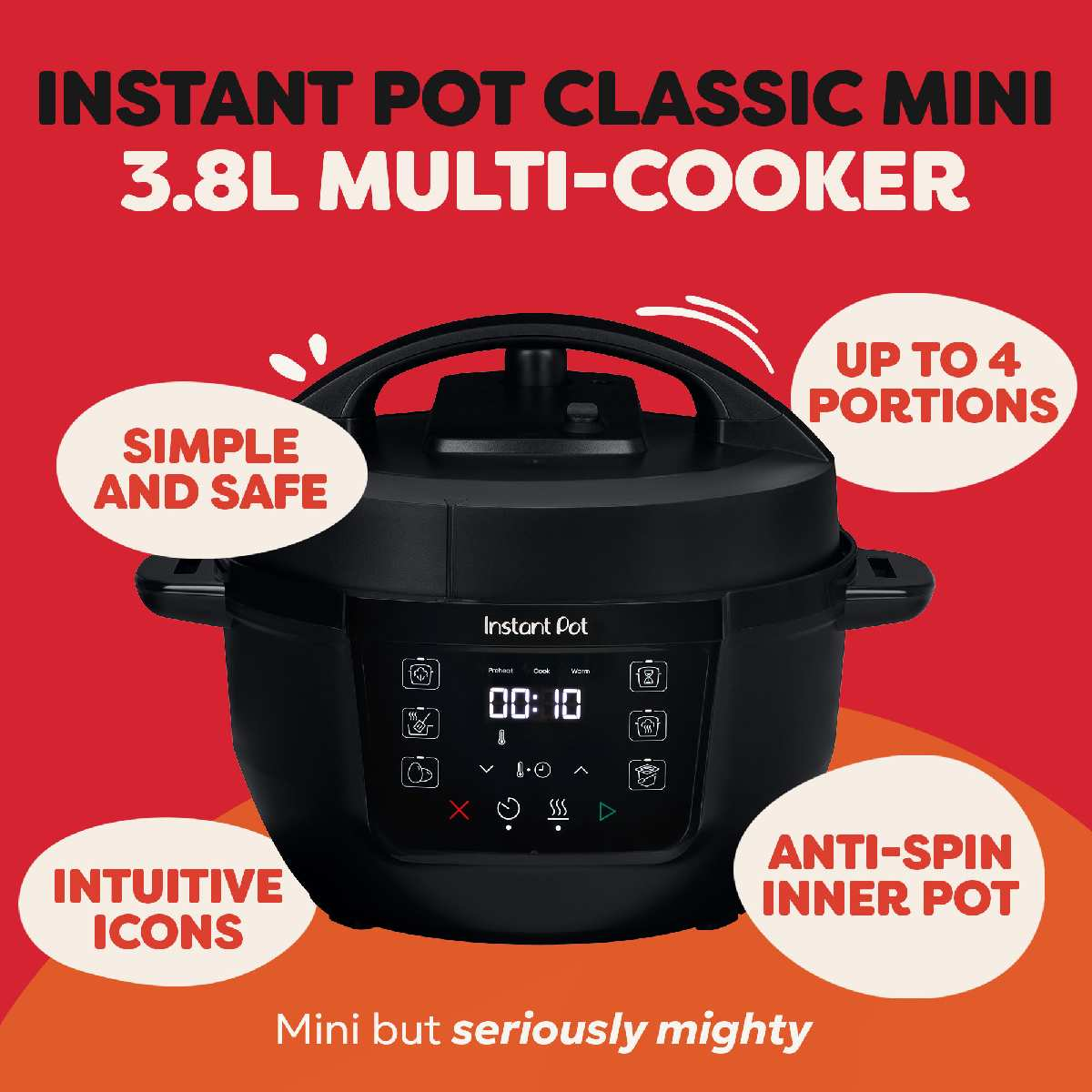 Czarny multicooker Instant Pot z napisami 'Simple and Safe' i 'Intuitive Icons'. Wyświetla 00:10. Czerwone tło.