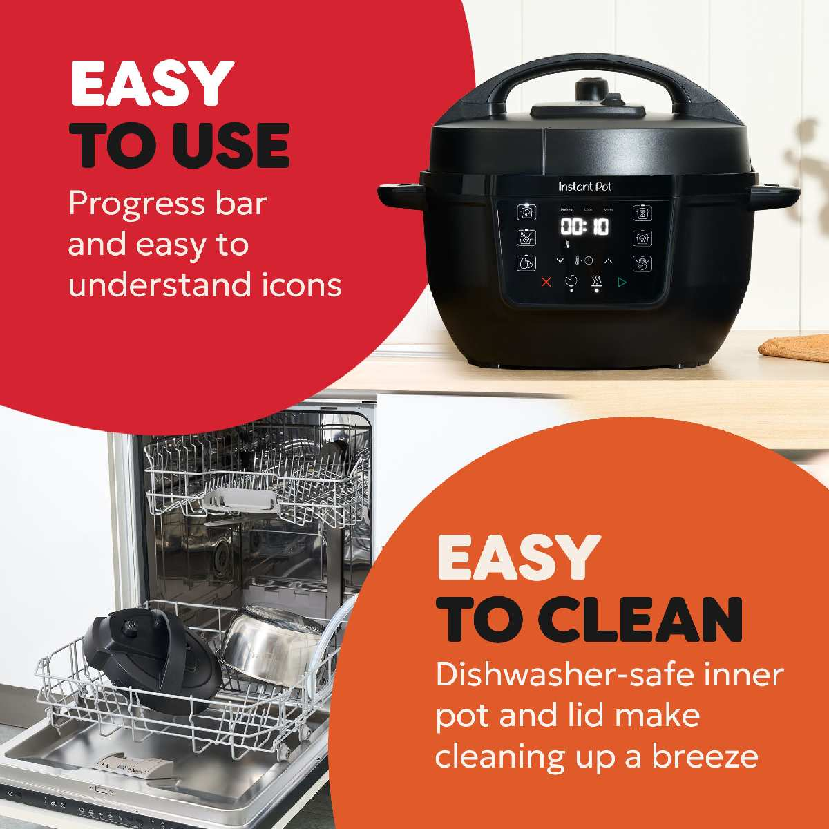 Czarny Instant Pot stoi na blacie. Zmywarka jest otwarta, pokazując wnętrze. Tekst mówi „Łatwy w użyciu” i „Łatwy do czyszczenia”.