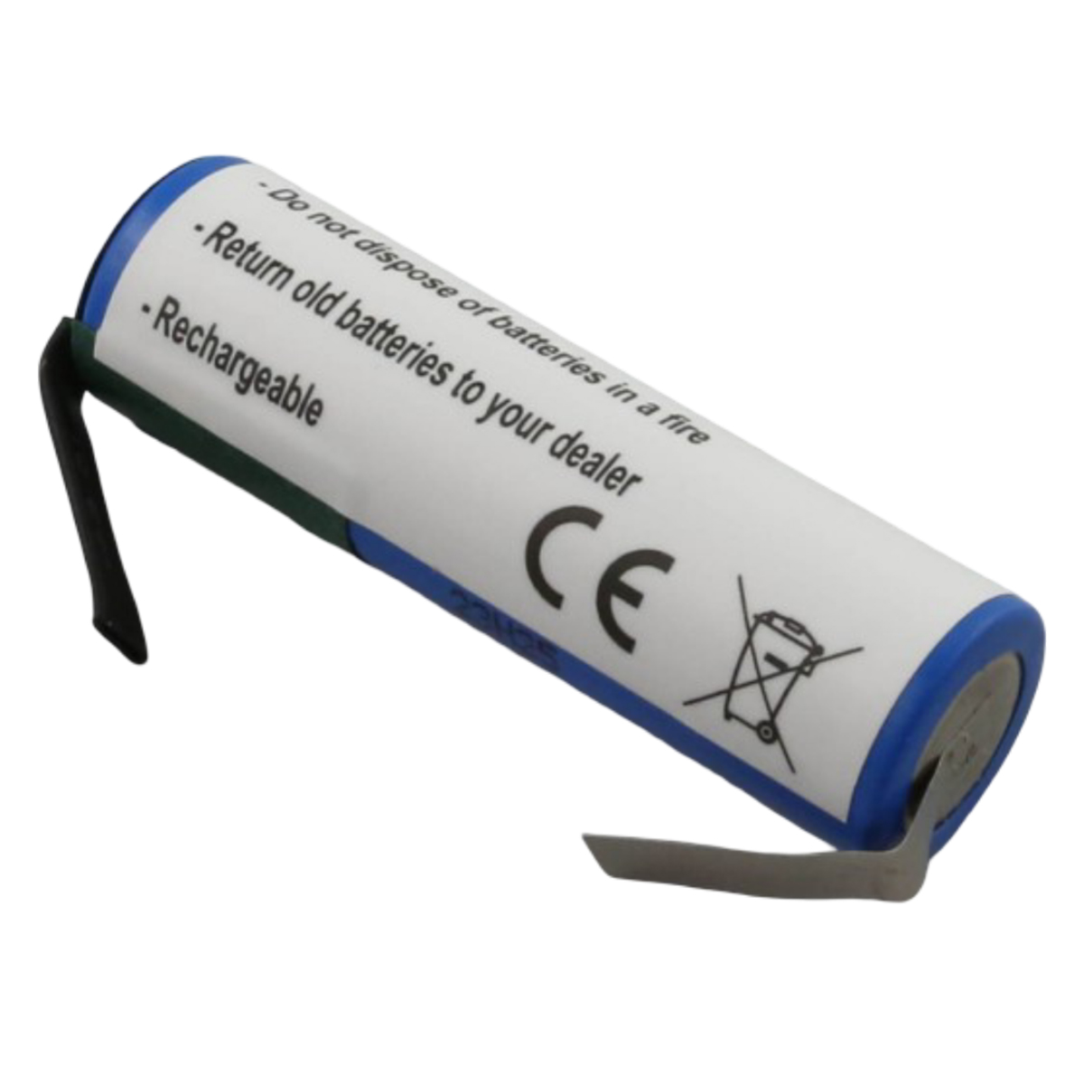 Ein Akku mit Text: 'Nicht in Feuer werfen...', 'Gebrauchte Batterien zurückgeben...' und 'Wiederaufladbar'. Mit CE-Zeichen und Recyclingsymbol.