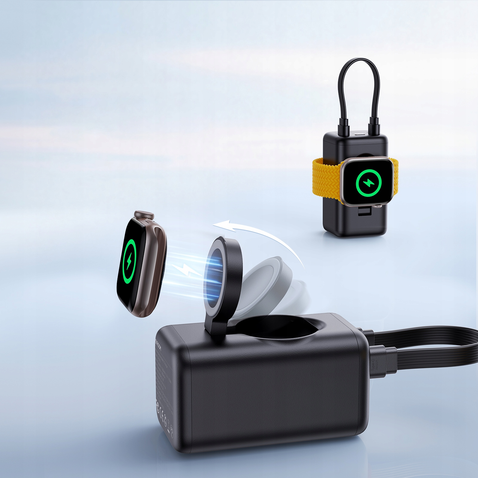 Station de charge noire avec Apple Watch. Une montre se charge, une autre est attachée à un bracelet jaune. Icône d'éclair.