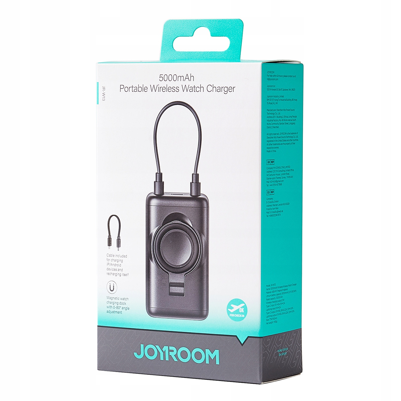 Une boîte de chargeur de montre sans fil portable Joyroom. Chargeur noir avec câble et socle de charge. Texte sur la boîte.
