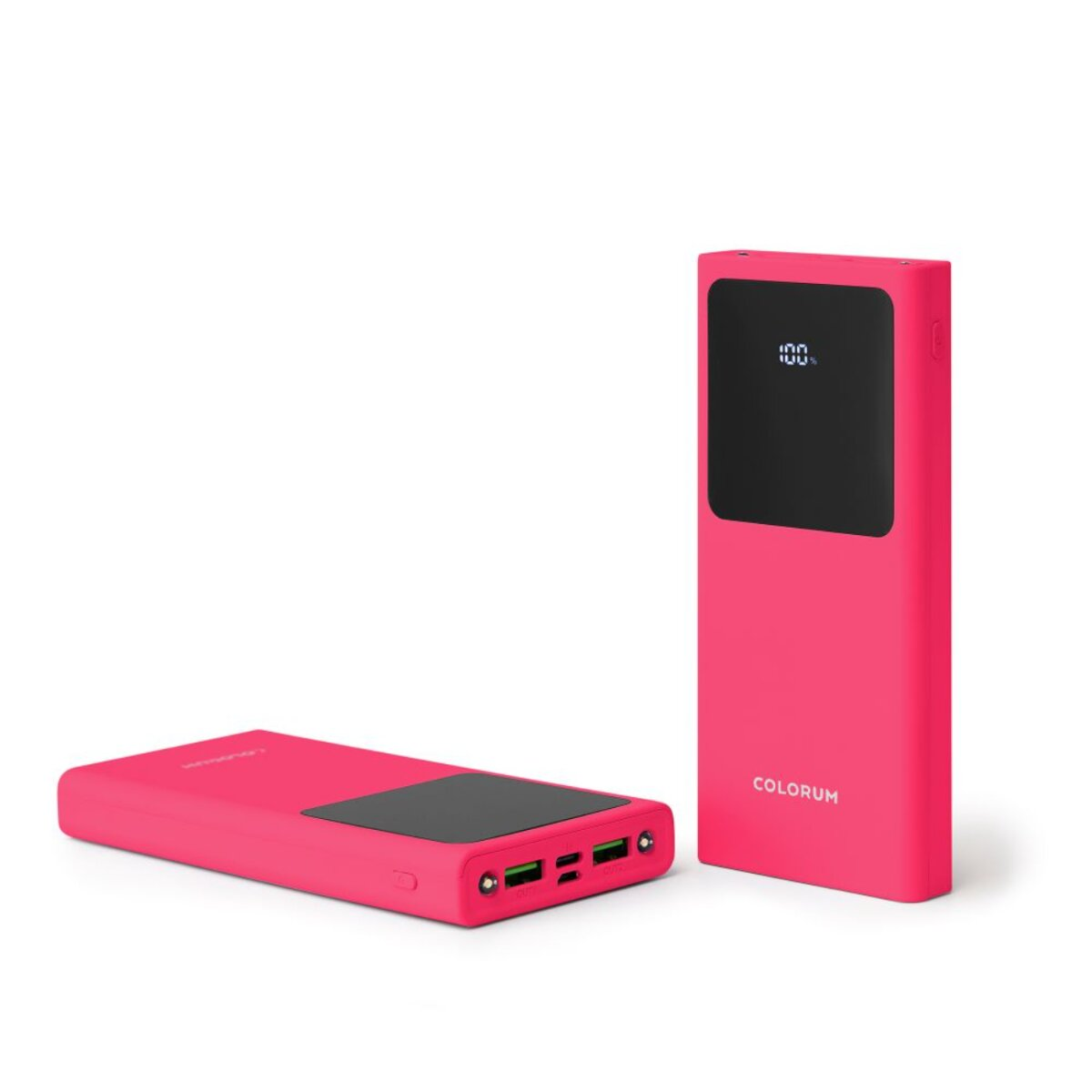 Deux batteries externes roses avec écrans noirs. Une debout, l'autre à plat. La marque 'COLORUM' est visible.
