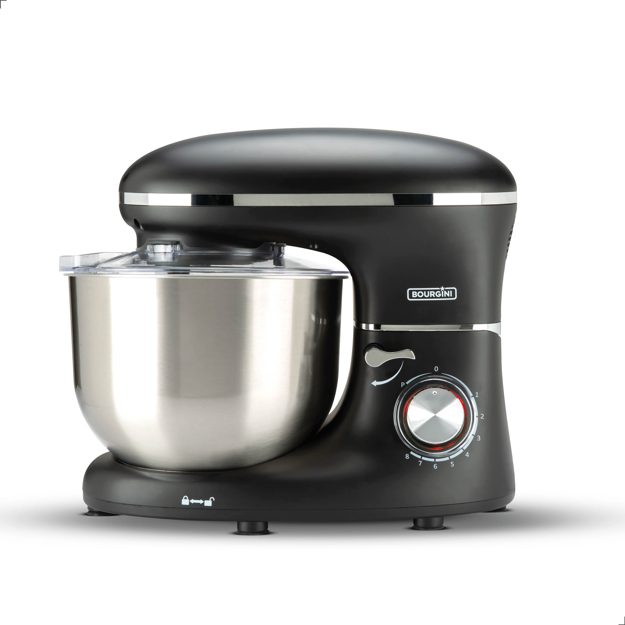 Black stand mixer with stainless steel bowl. It has a speed dial, and a clear plastic cover. The brand is Bourgini.
