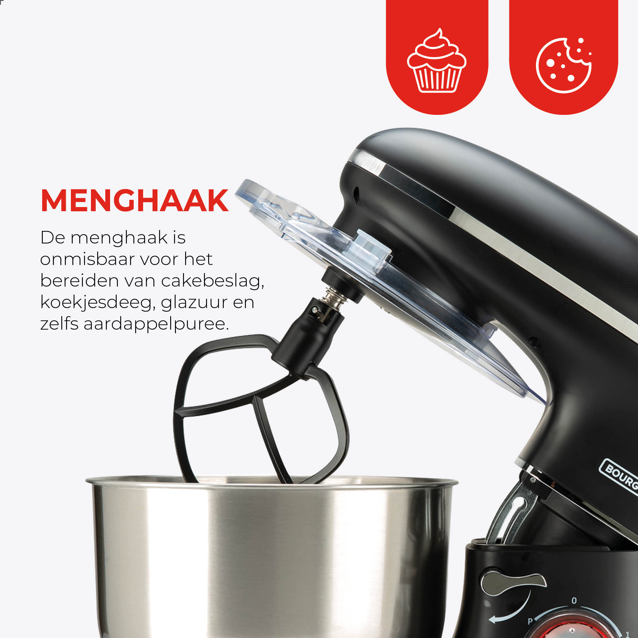 A black food mixer with a mixing hook inside a silver bowl. Red icons of a cupcake and cookie are on top.