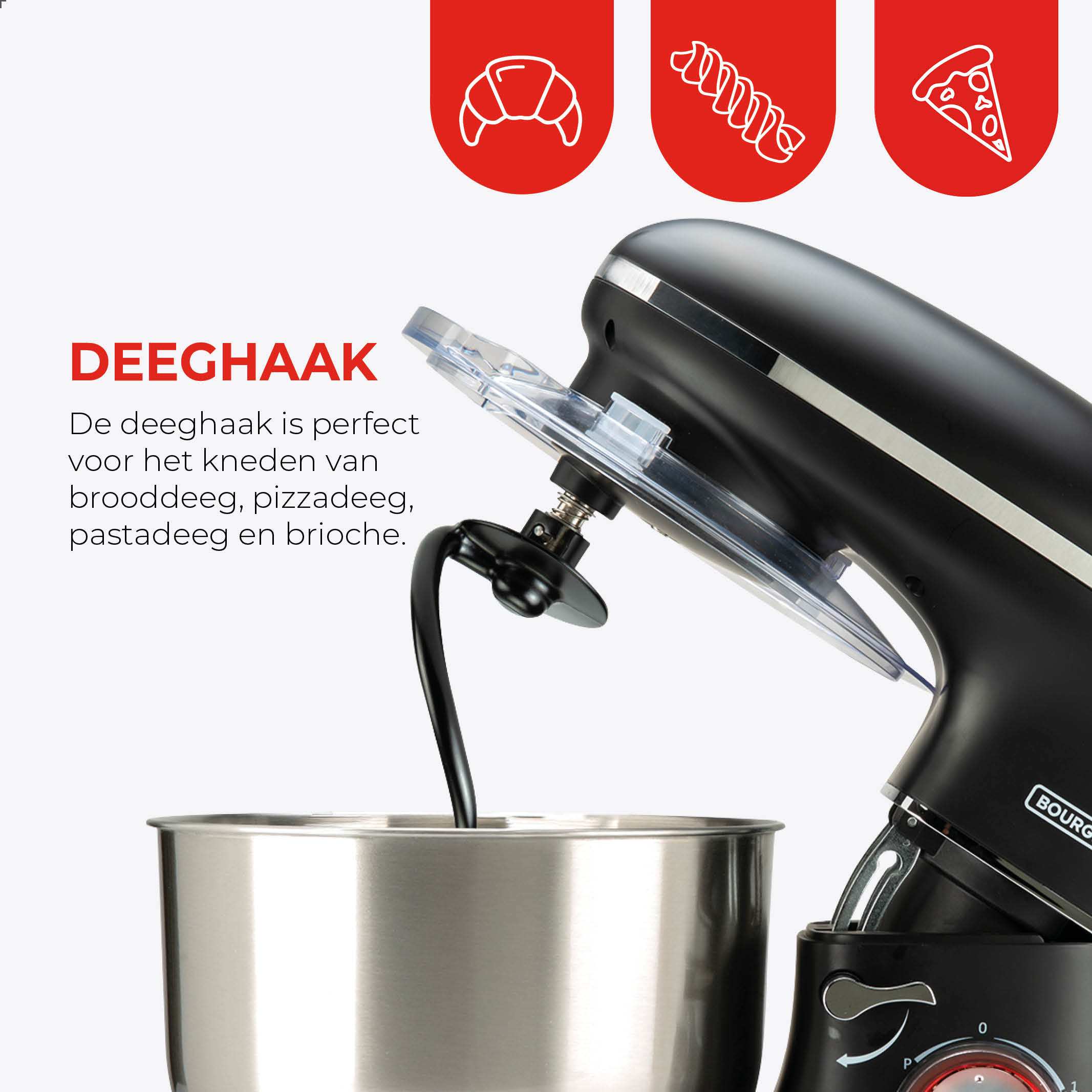 A black stand mixer with a dough hook is shown. Illustrations of a croissant, pasta, and pizza are above.