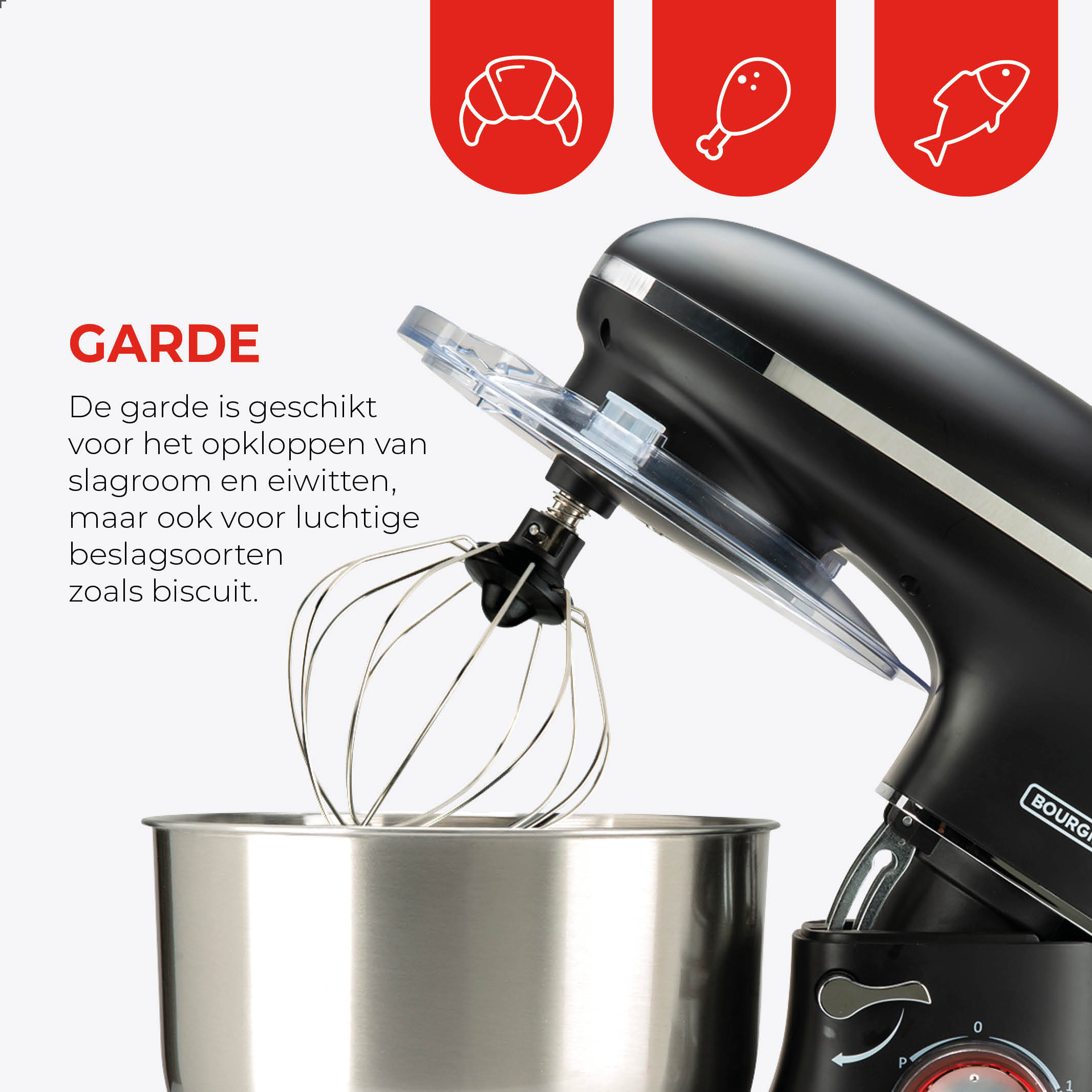 A black stand mixer with a whisk attachment is shown, with red icons of food above. A stainless steel bowl is below.