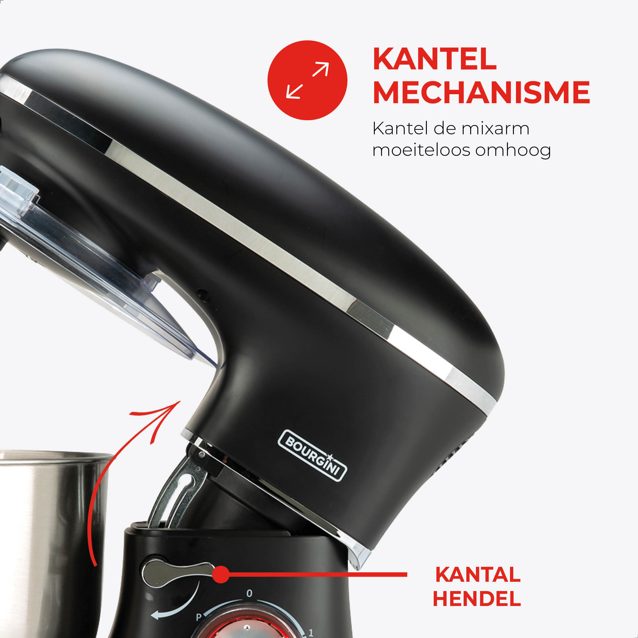 A close-up of a black kitchen mixer. Red arrows point to the tilting mechanism and handle. Text labels are included.