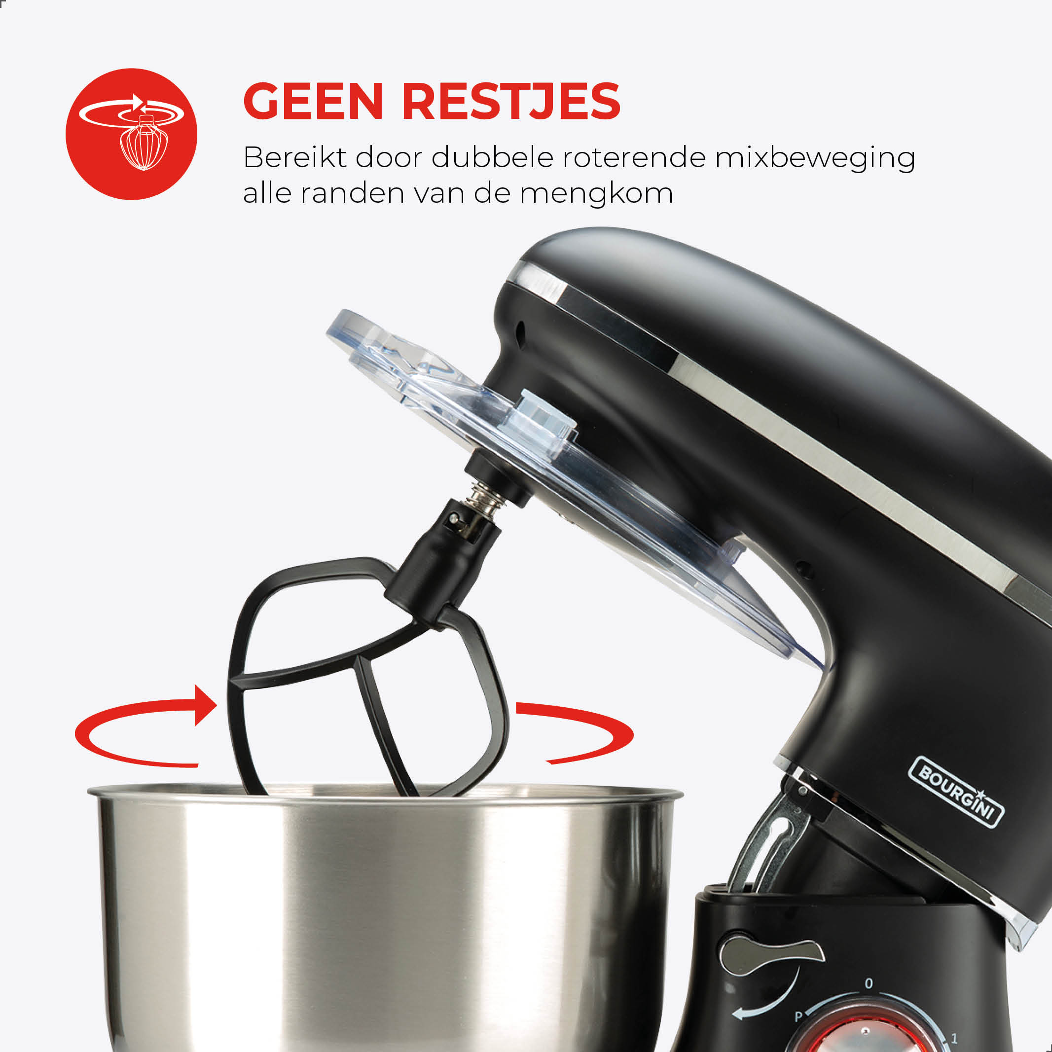 A black stand mixer with a stainless steel bowl and a red arrow indicating mixing action.