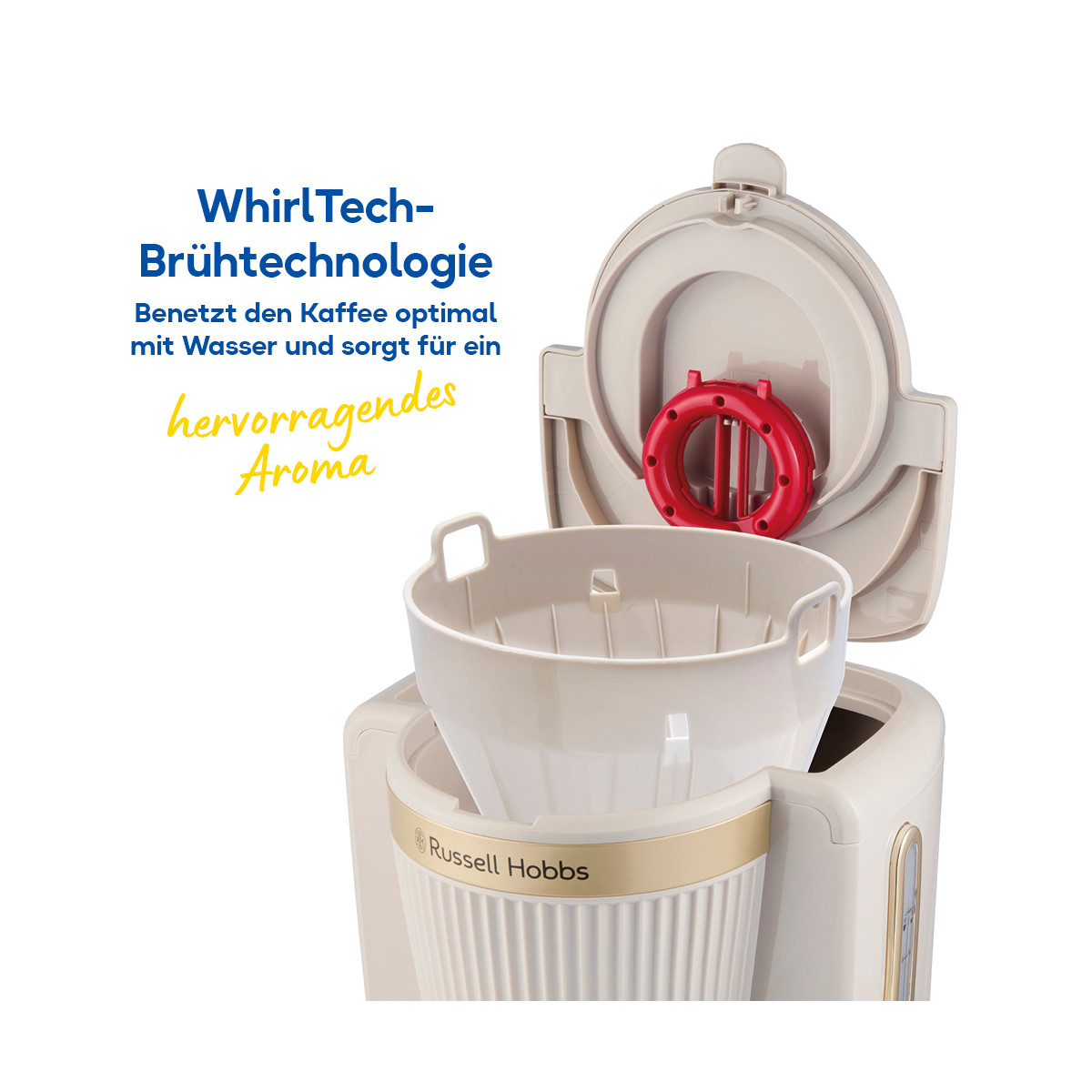 Una caffettiera color crema è aperta. Ha un pezzo rosso all'interno. Il testo dice 'WhirlTech-Brühtechnologie' e 'Russell Hobbs'.