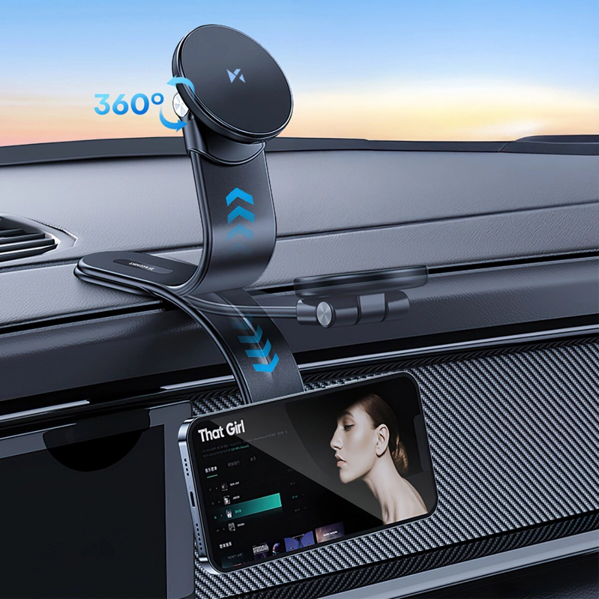 Telefoonhouder voor in de auto met telefoon die de video 'That Girl' afspeelt. Zwarte houder, 360° rotatiefunctie. Gemonteerd op het dashboard.