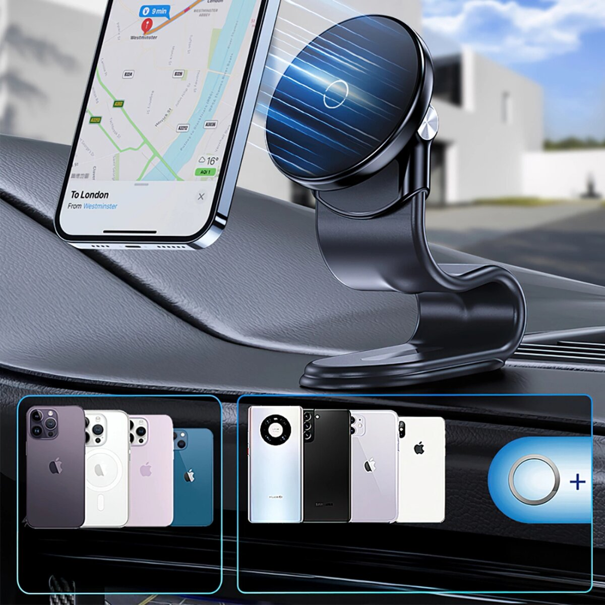 Een telefoon met navigatie wordt vastgehouden door een zwarte telefoonhouder. Verschillende telefoons worden hieronder weergegeven. De scène bevindt zich in een auto.