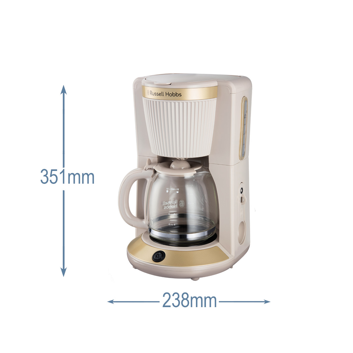 Beigefarbene Russell Hobbs Kaffeemaschine mit Glaskaraffe. Maße: 351mm hoch, 238mm breit. Goldakzente vorne und oben.