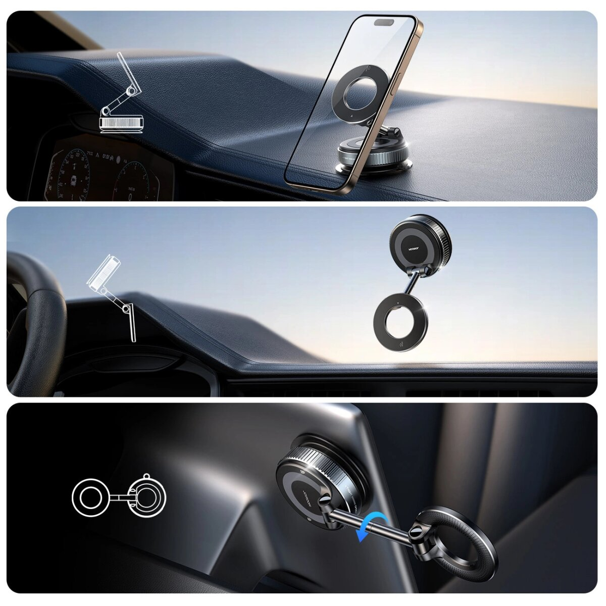 Un support de téléphone de voiture est présenté dans trois configurations différentes. Le support a une base circulaire, un bras flexible et une fixation pour téléphone.