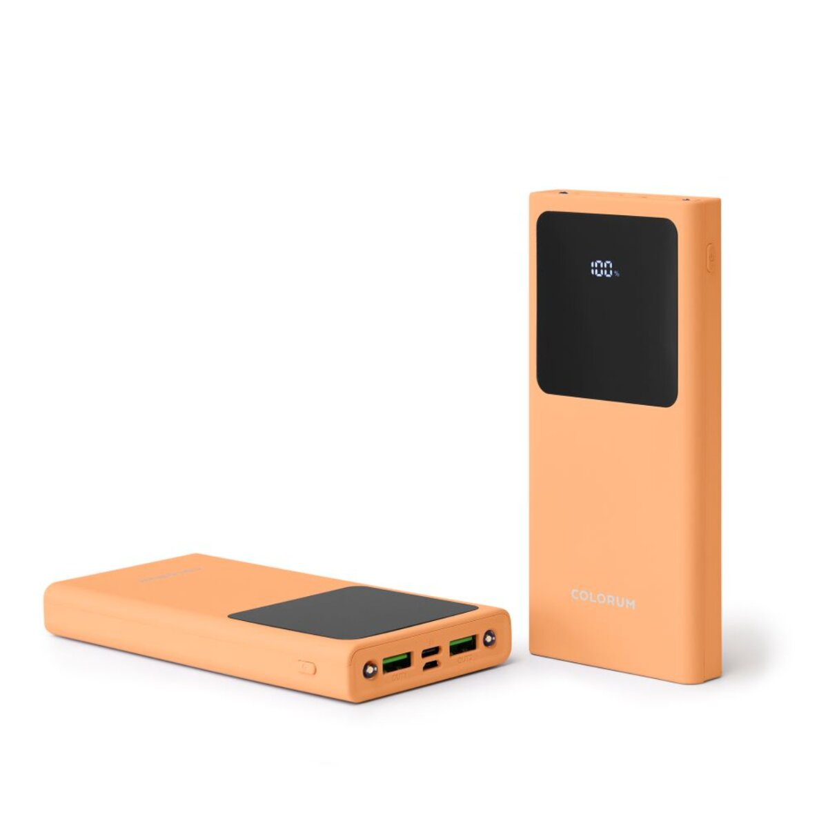 Deux batteries externes oranges sur fond blanc. L'une est debout, affichant un écran, l'autre est à plat.