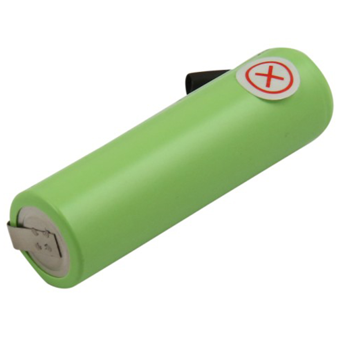 Una batteria cilindrica verde con un adesivo a simbolo più e un contatto metallico. Una linguetta nera è attaccata.