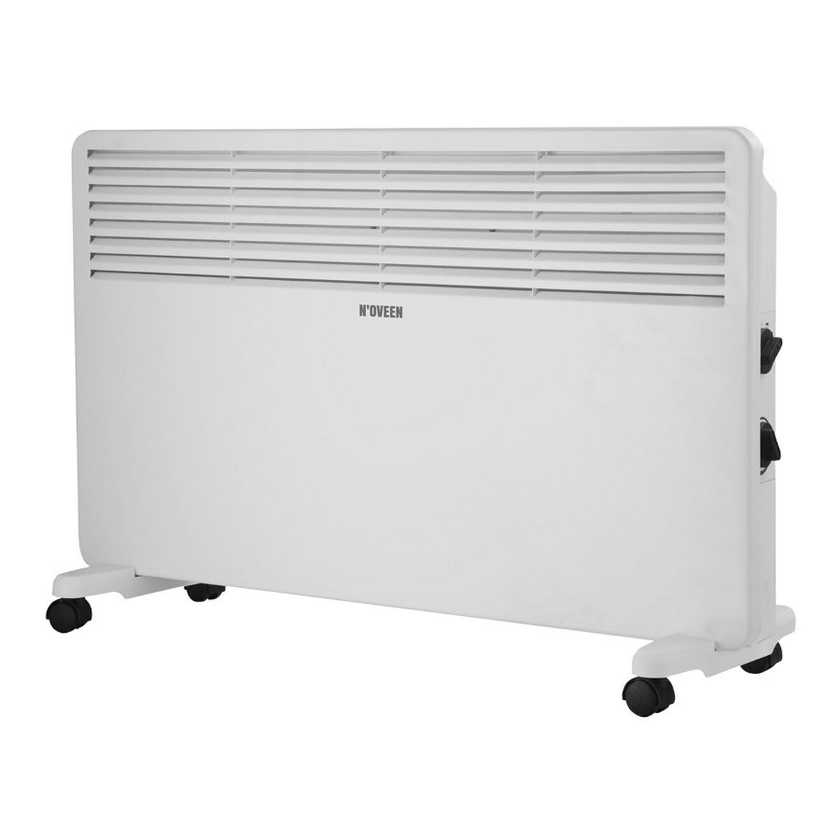 Un termoventilatore elettrico bianco su ruote. Ha una parte superiore a lamelle e manopole di controllo laterali, con il marchio 'N'OVEEN'.